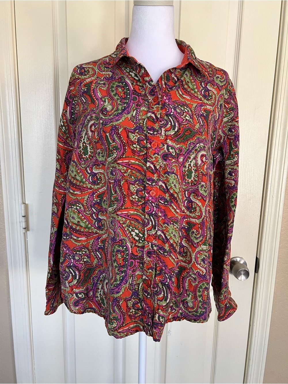 WinterSilks Silk Linen Paisley Button Front Blouse L